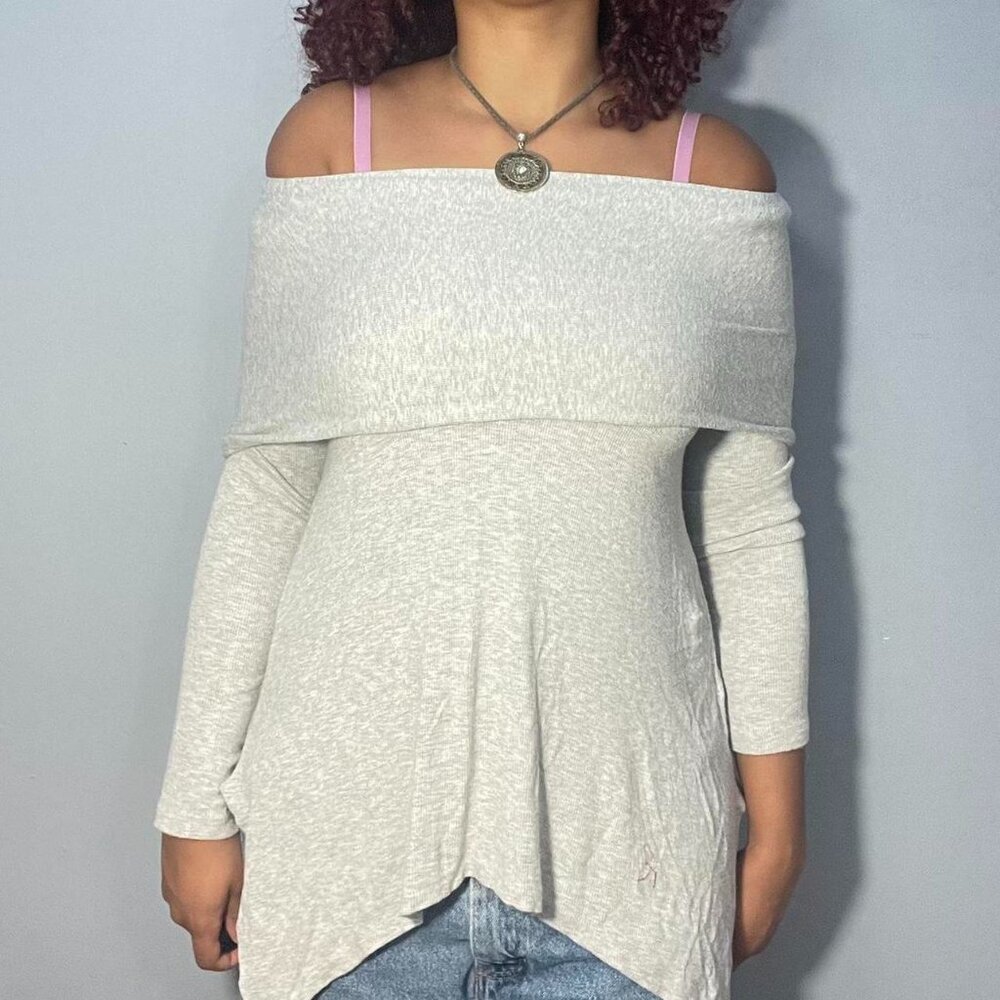 off-shoulder cream sweater